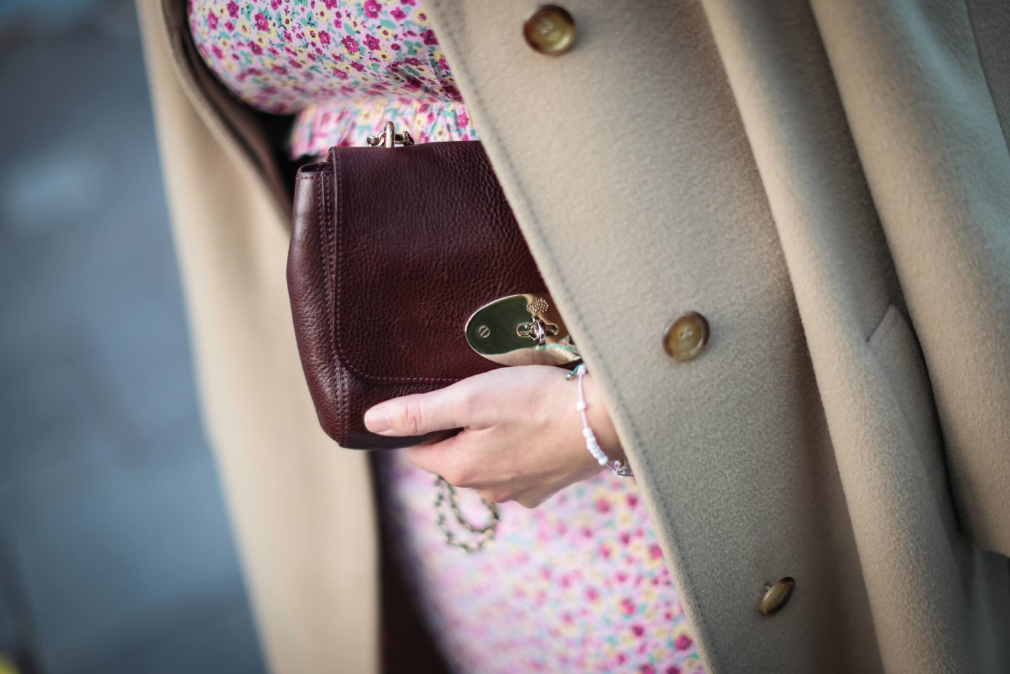 A close up shot of a woman's bag held in her hand, with her coat falling over the top