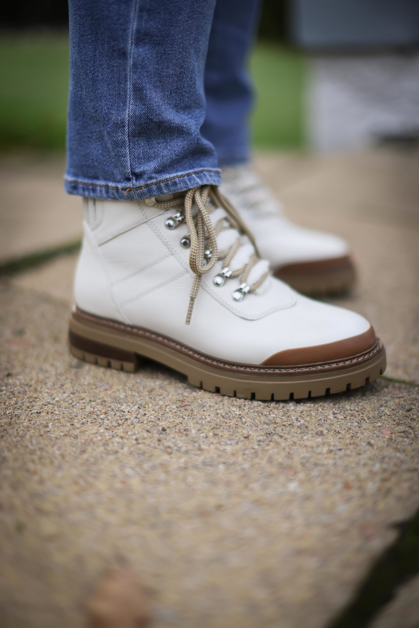 close up shot of a white hiking boot